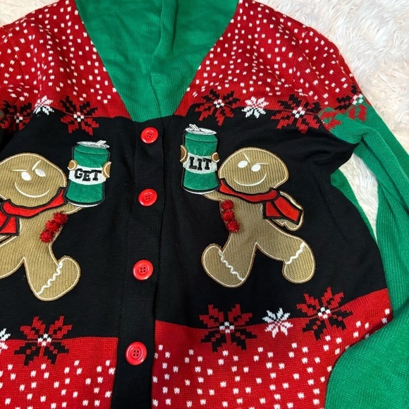Get Lit Gingerbread Christmas Cardigan Sweater V-neck Spencer's XXL Beer - Picture 3 of 6